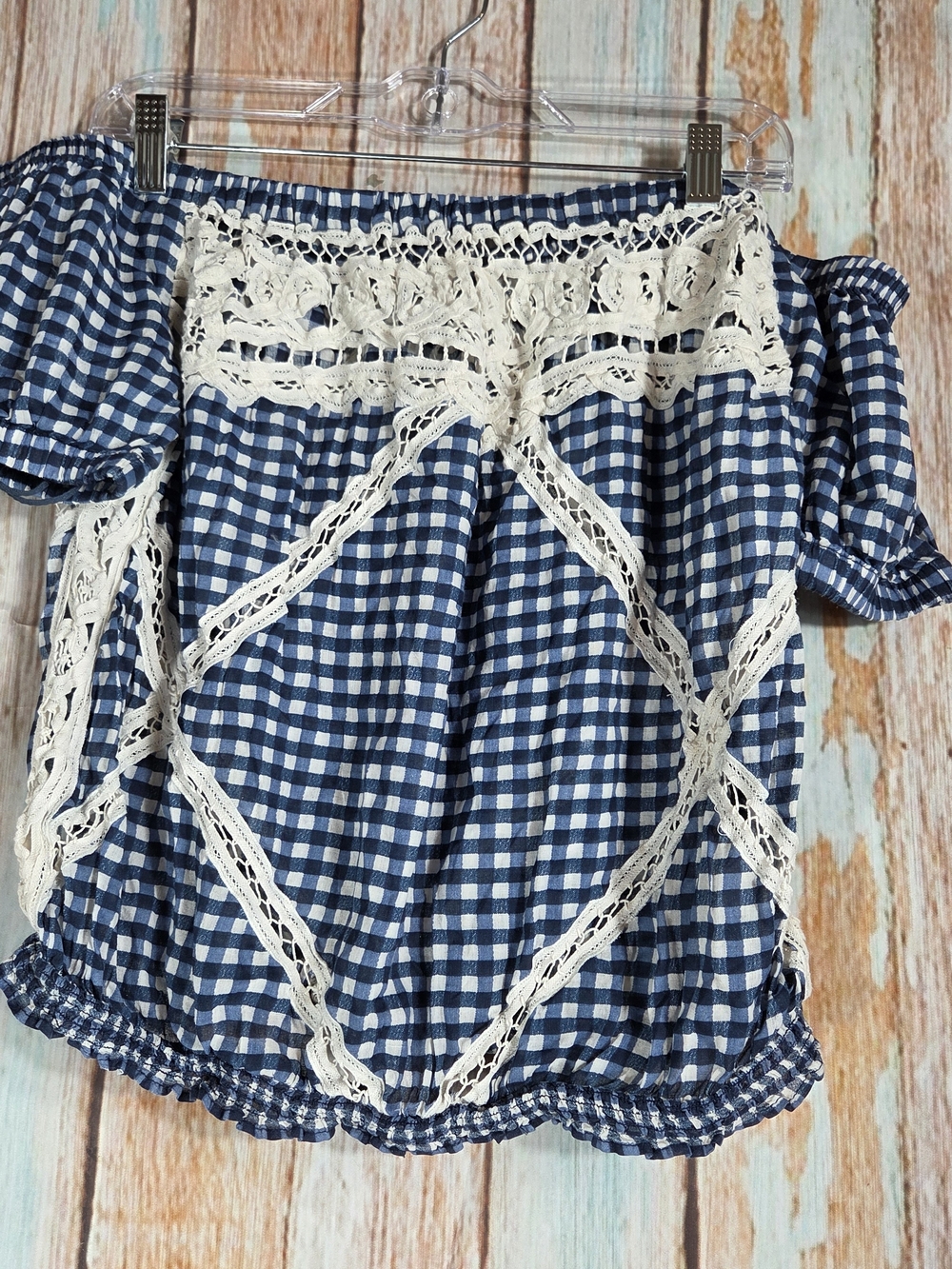 Free People Peggy Sue Blue Gingham w/ Crochet Detail. Off The Shoulder. Size M